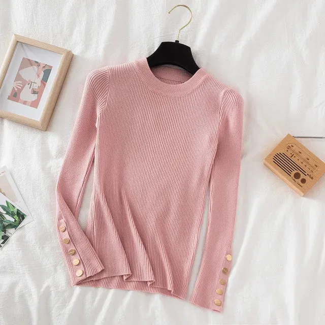 Slim Knit Turtleneck Sweater – Soft, Buttoned, and Cozy for Autumn & Winter