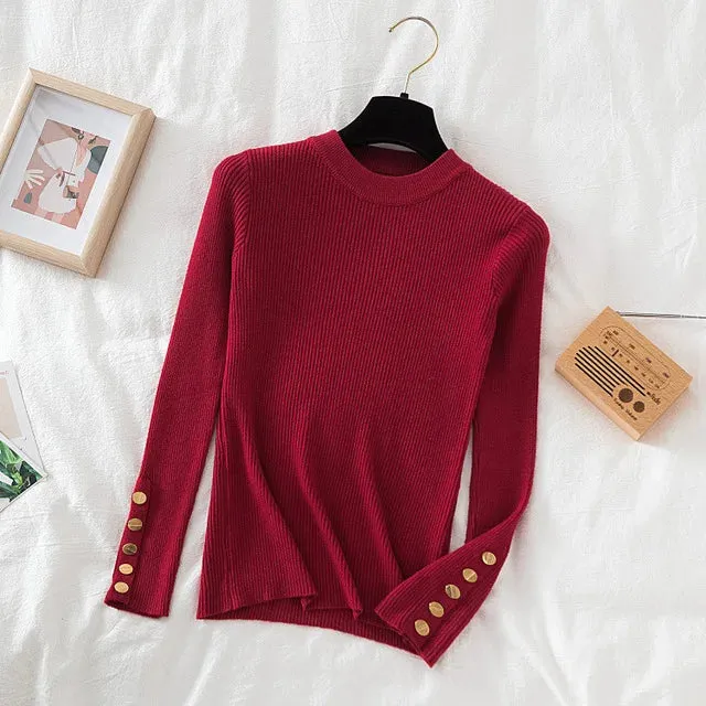 Slim Knit Turtleneck Sweater – Soft, Buttoned, and Cozy for Autumn & Winter