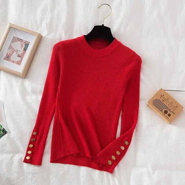 Slim Knit Turtleneck Sweater – Soft, Buttoned, and Cozy for Autumn & Winter