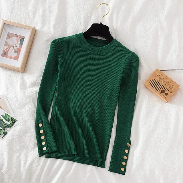 Slim Knit Turtleneck Sweater – Soft, Buttoned, and Cozy for Autumn & Winter