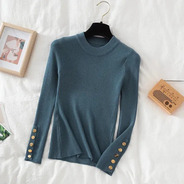 Slim Knit Turtleneck Sweater – Soft, Buttoned, and Cozy for Autumn & Winter