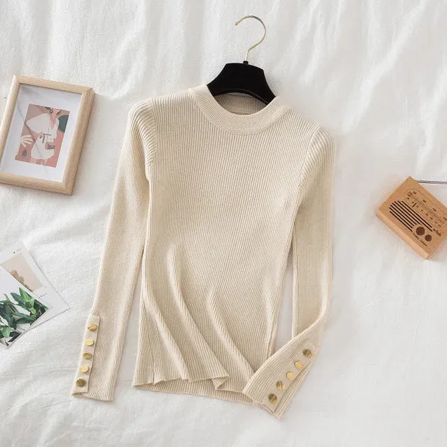 Slim Knit Turtleneck Sweater – Soft, Buttoned, and Cozy for Autumn & Winter