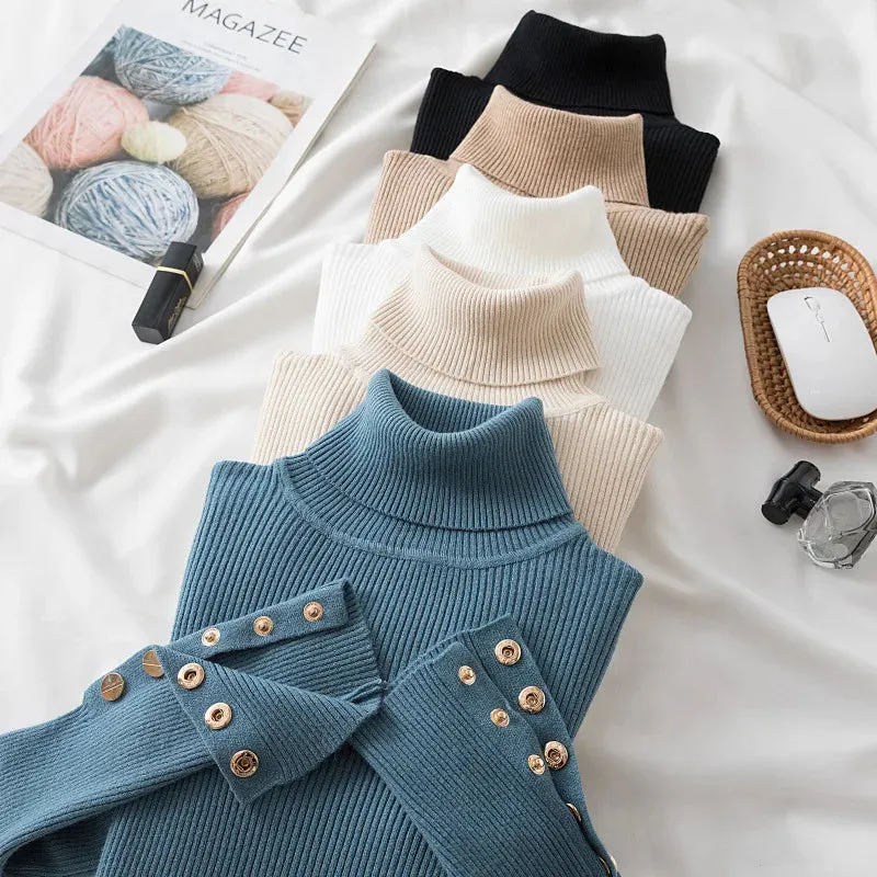 Slim Knit Turtleneck Sweater – Soft, Buttoned, and Cozy for Autumn & Winter