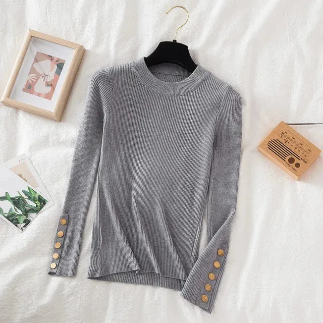 Slim Knit Turtleneck Sweater – Soft, Buttoned, and Cozy for Autumn & Winter
