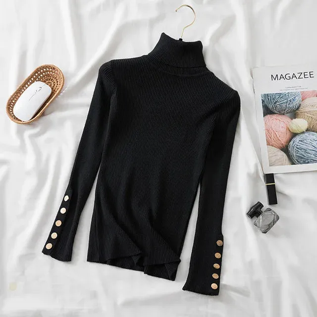 Slim Knit Turtleneck Sweater – Soft, Buttoned, and Cozy for Autumn & Winter