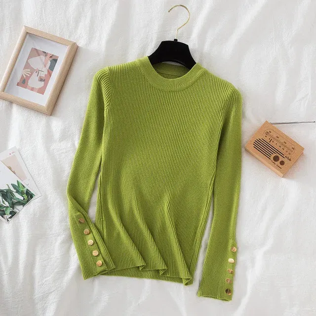 Slim Knit Turtleneck Sweater – Soft, Buttoned, and Cozy for Autumn & Winter