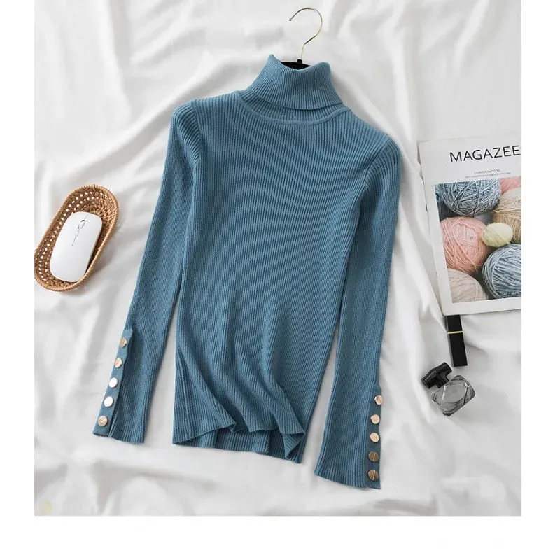 Slim Knit Turtleneck Sweater – Soft, Buttoned, and Cozy for Autumn & Winter