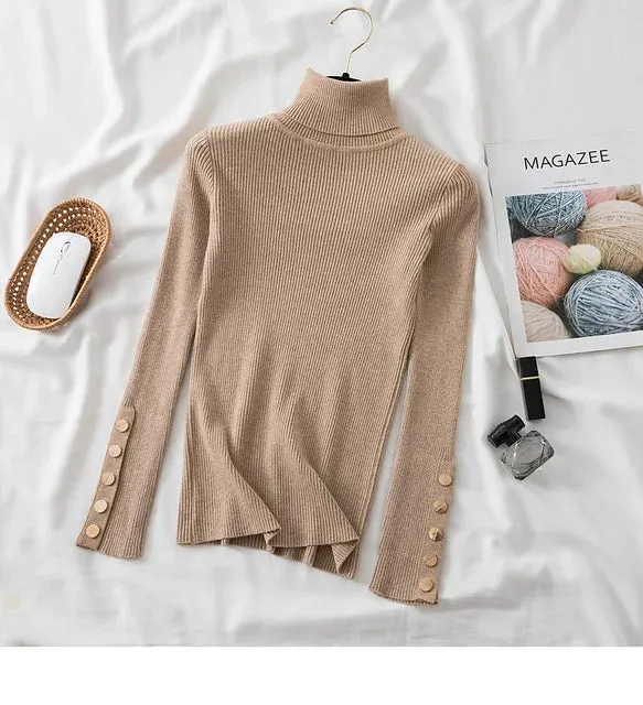Slim Knit Turtleneck Sweater – Soft, Buttoned, and Cozy for Autumn & Winter