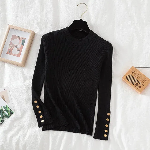 Slim Knit Turtleneck Sweater – Soft, Buttoned, and Cozy for Autumn & Winter