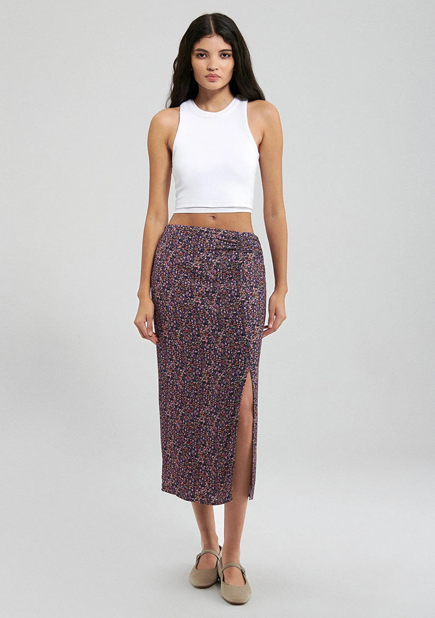 Slit Detailed Printed Skirt