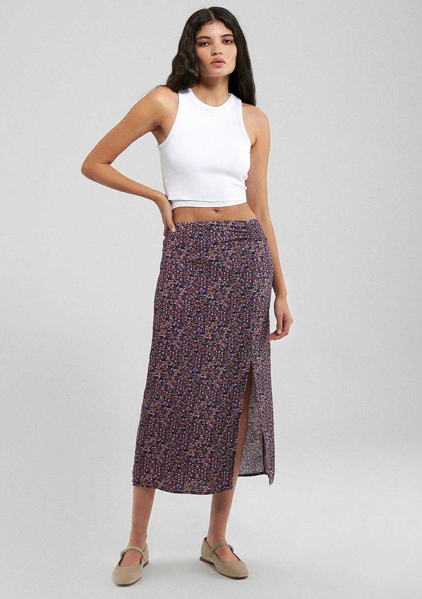 Slit Detailed Printed Skirt