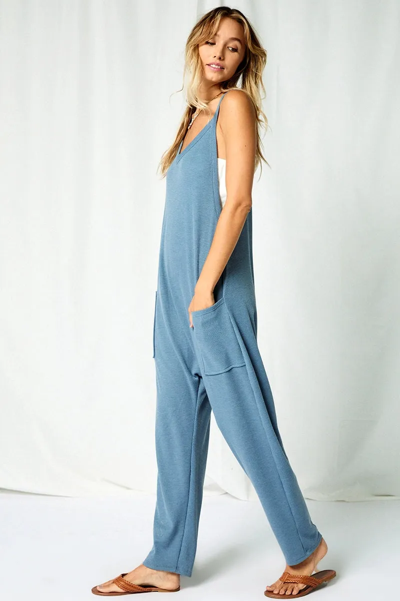 Solid Harem Jumpsuit with Pockets-Denim