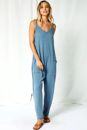 Solid Harem Jumpsuit with Pockets-Denim