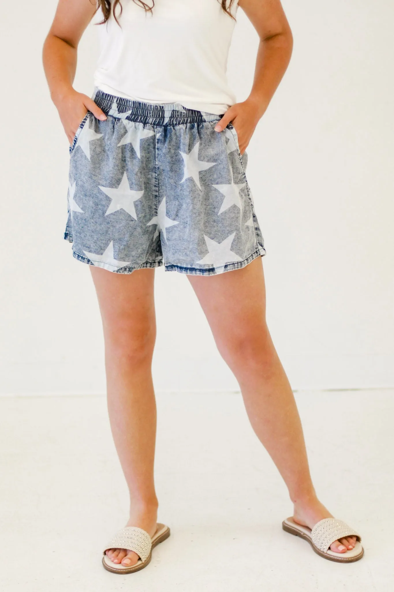 Starry Night Style Star Printed Shorts in Denim
