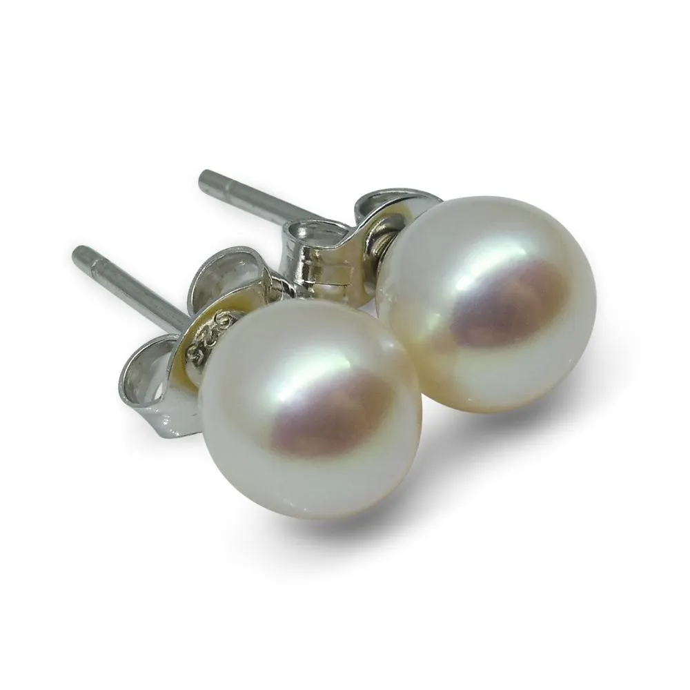 Sterling Silver 6.5mm Pair Natural White Pearl Stud Earrings