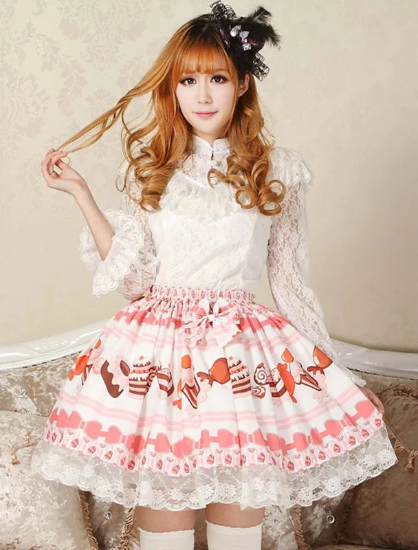 Sweet Pink Lolita Short Skirt Cake Ice Cream Print Lace Trim