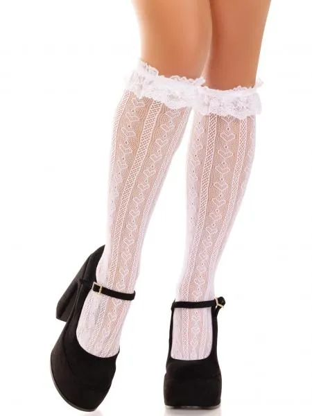 Sweetheart Ruffle Cuff Knee High Socks - White - One Size