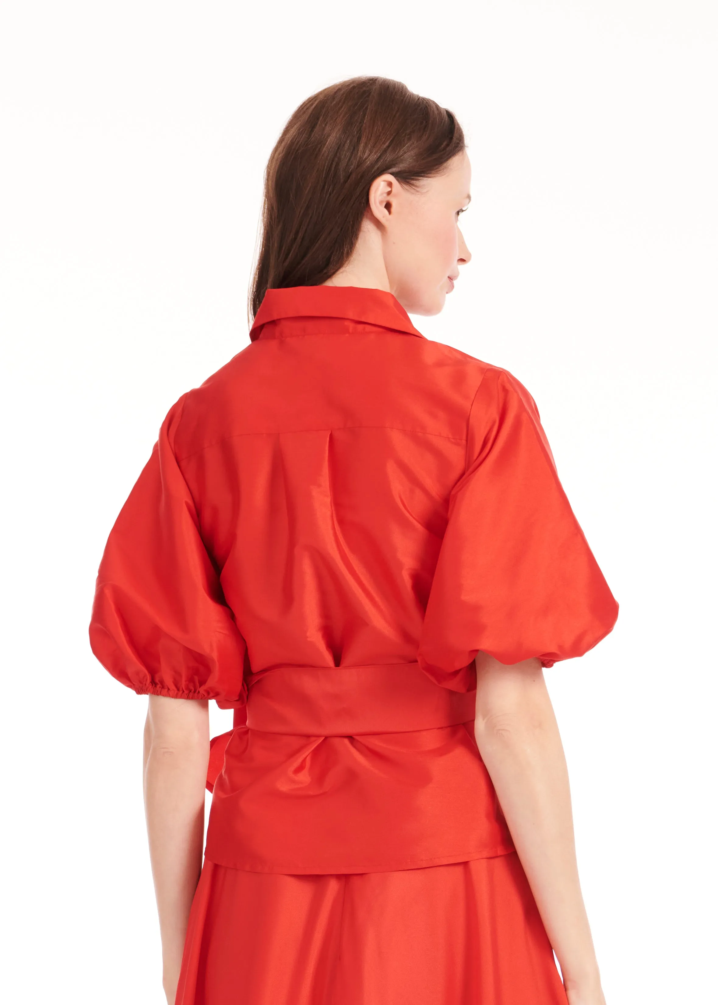 TAFFETA PUFF SLEEVE BLOUSE WITH CRYSTAL FLOWER BUTTONS TOMATO