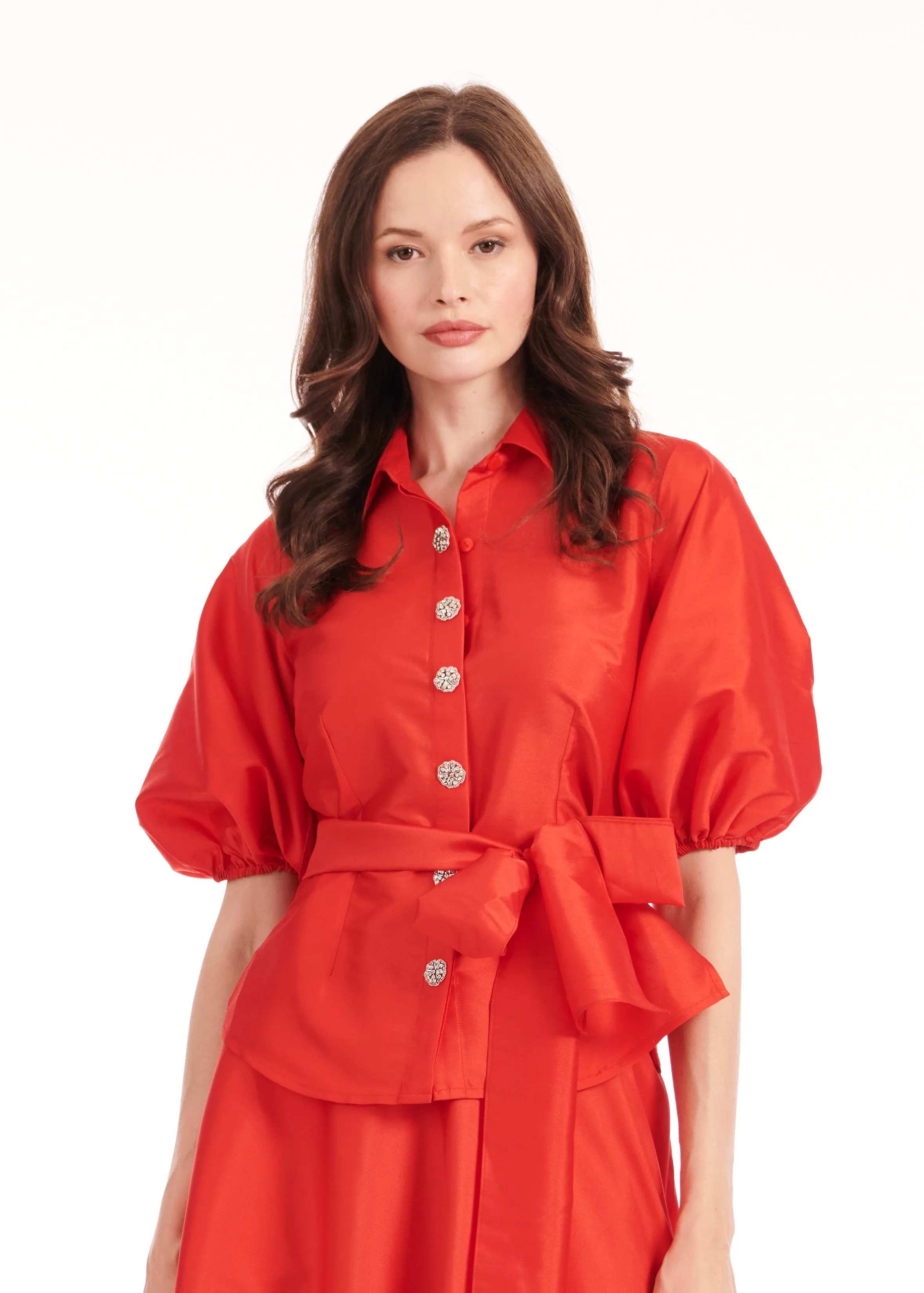 TAFFETA PUFF SLEEVE BLOUSE WITH CRYSTAL FLOWER BUTTONS TOMATO