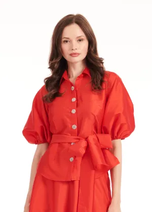 TAFFETA PUFF SLEEVE BLOUSE WITH CRYSTAL FLOWER BUTTONS TOMATO