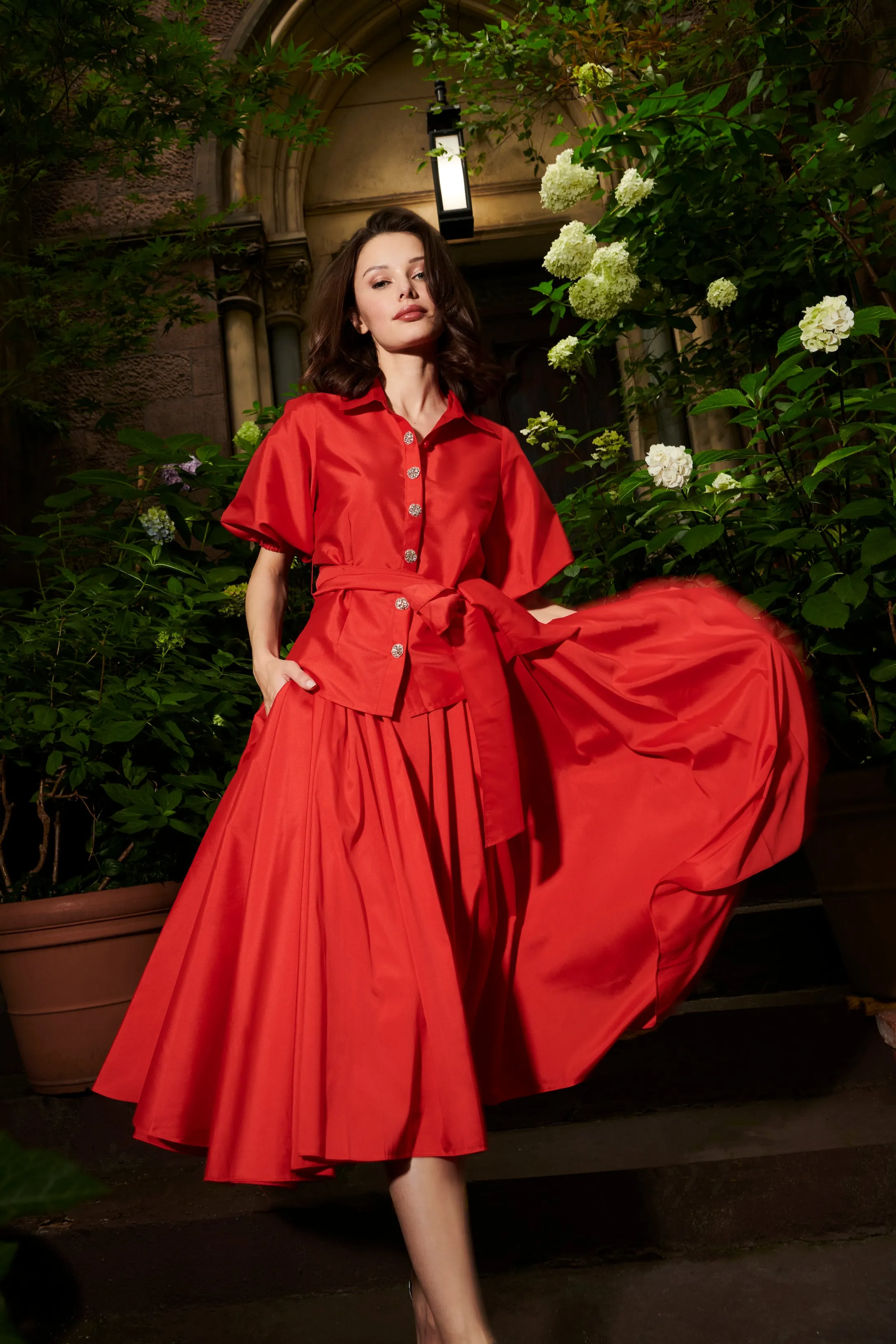 TAFFETA PUFF SLEEVE BLOUSE WITH CRYSTAL FLOWER BUTTONS TOMATO