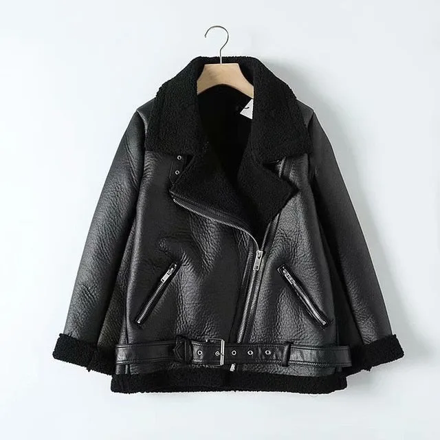 Tangada Women beige fur faux leather jacket coat with belt turn down collar Ladies 2019 Winter Thick Warm Oversized Coat 5B01
