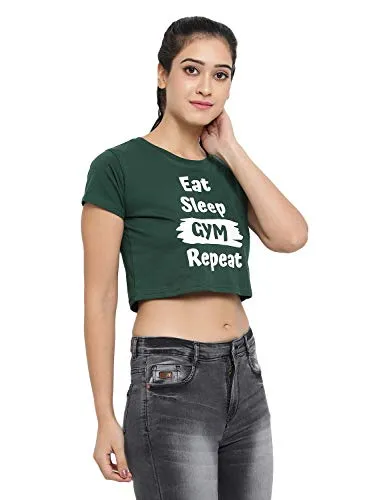 The Dance Bible Women Printed Cotton Crop Top for Dance, Fitness, Yoga, (Eat Sleep Gym Repeat, Green, Medium)
