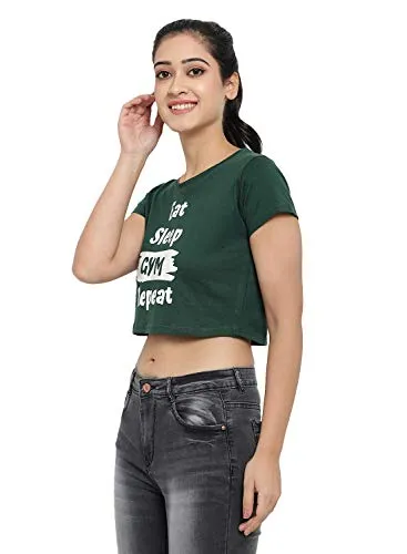The Dance Bible Women Printed Cotton Crop Top for Dance, Fitness, Yoga, (Eat Sleep Gym Repeat, Green, Medium)
