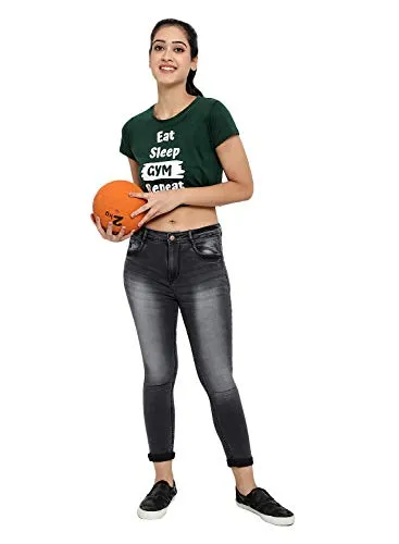 The Dance Bible Women Printed Cotton Crop Top for Dance, Fitness, Yoga, (Eat Sleep Gym Repeat, Green, Medium)