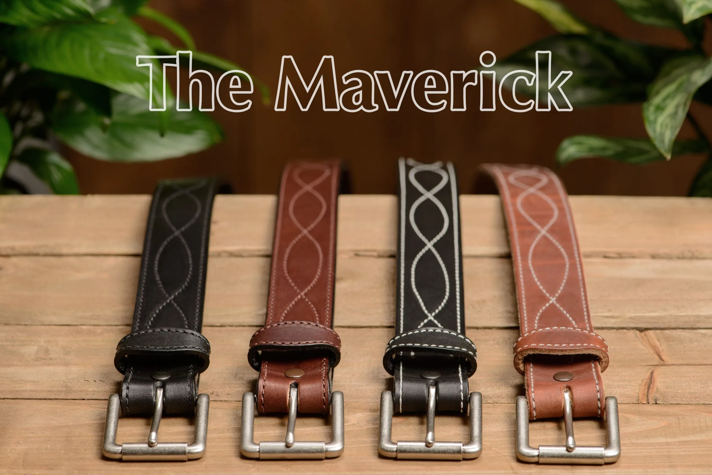 The Maverick: Men's Black Figure 8 Stitched Leather Belt With White Thread 1.50"