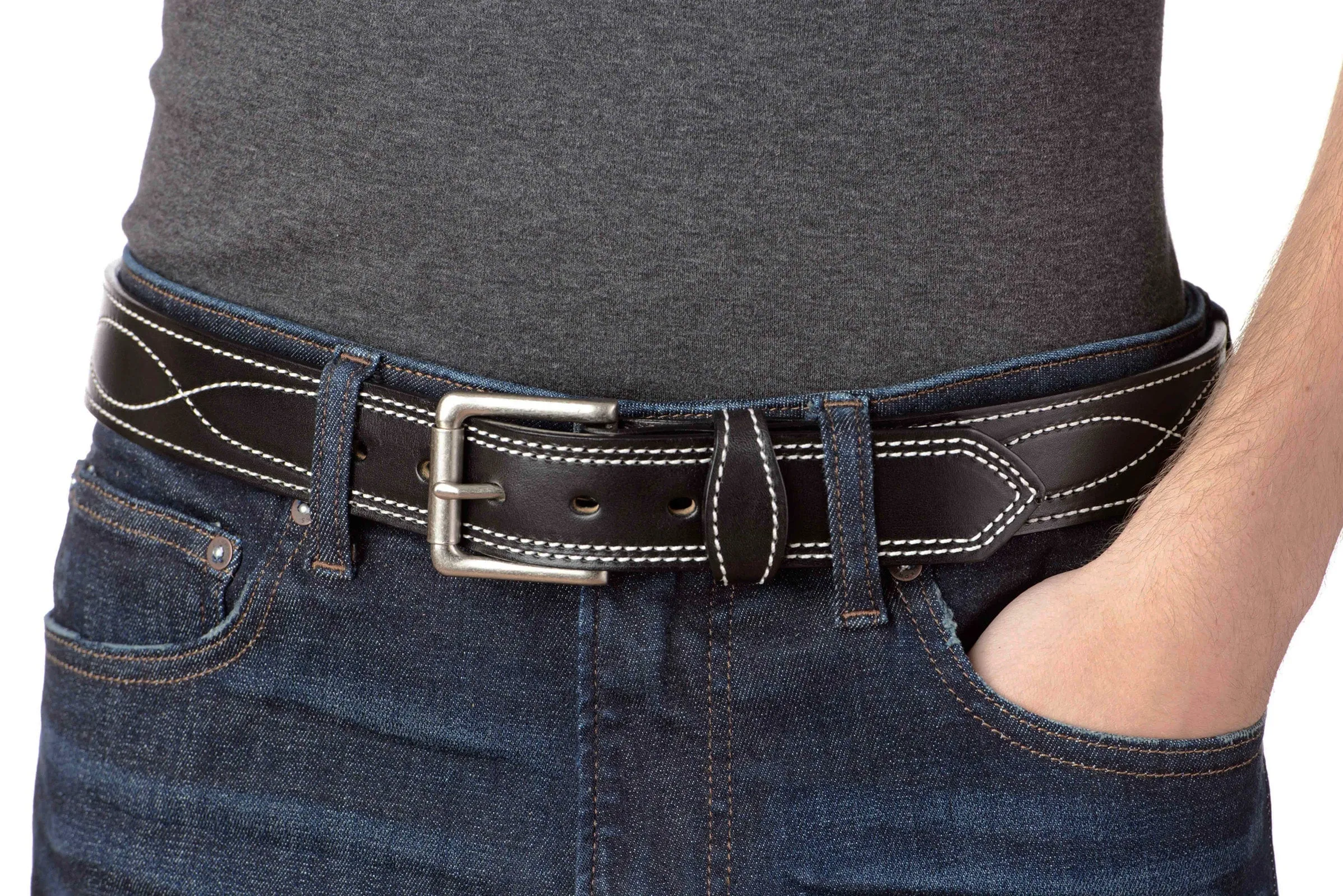 The Maverick: Men's Black Figure 8 Stitched Leather Belt With White Thread 1.50"
