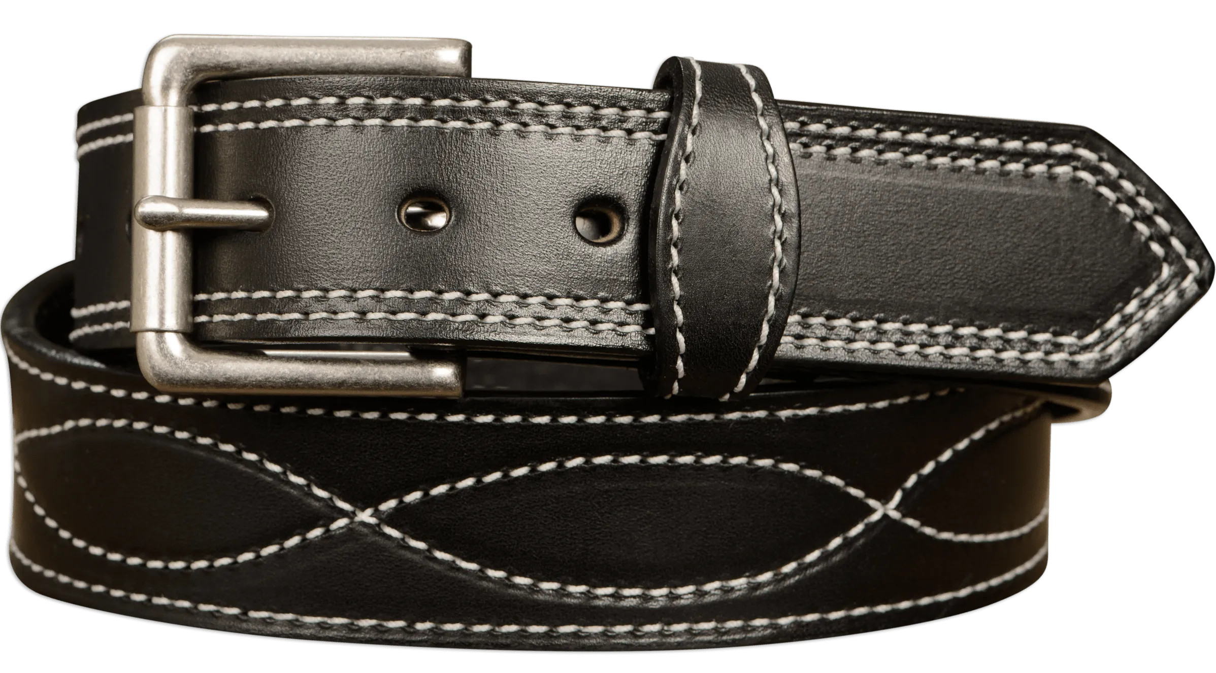 The Maverick: Men's Black Figure 8 Stitched Leather Belt With White Thread 1.50"