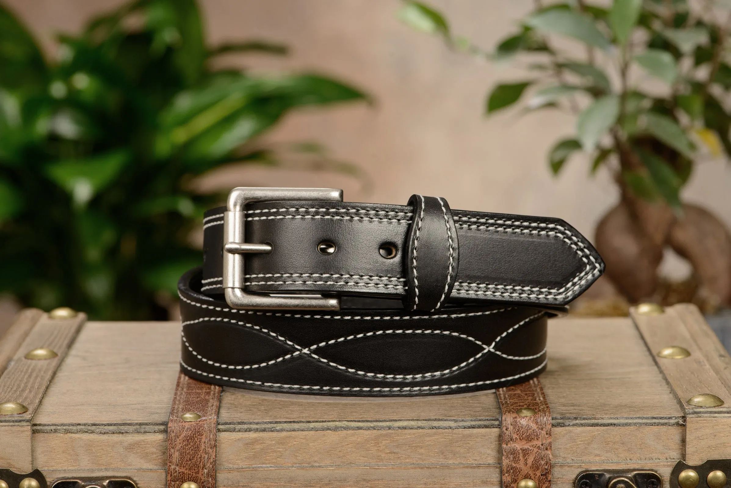 The Maverick: Men's Black Figure 8 Stitched Leather Belt With White Thread 1.50"