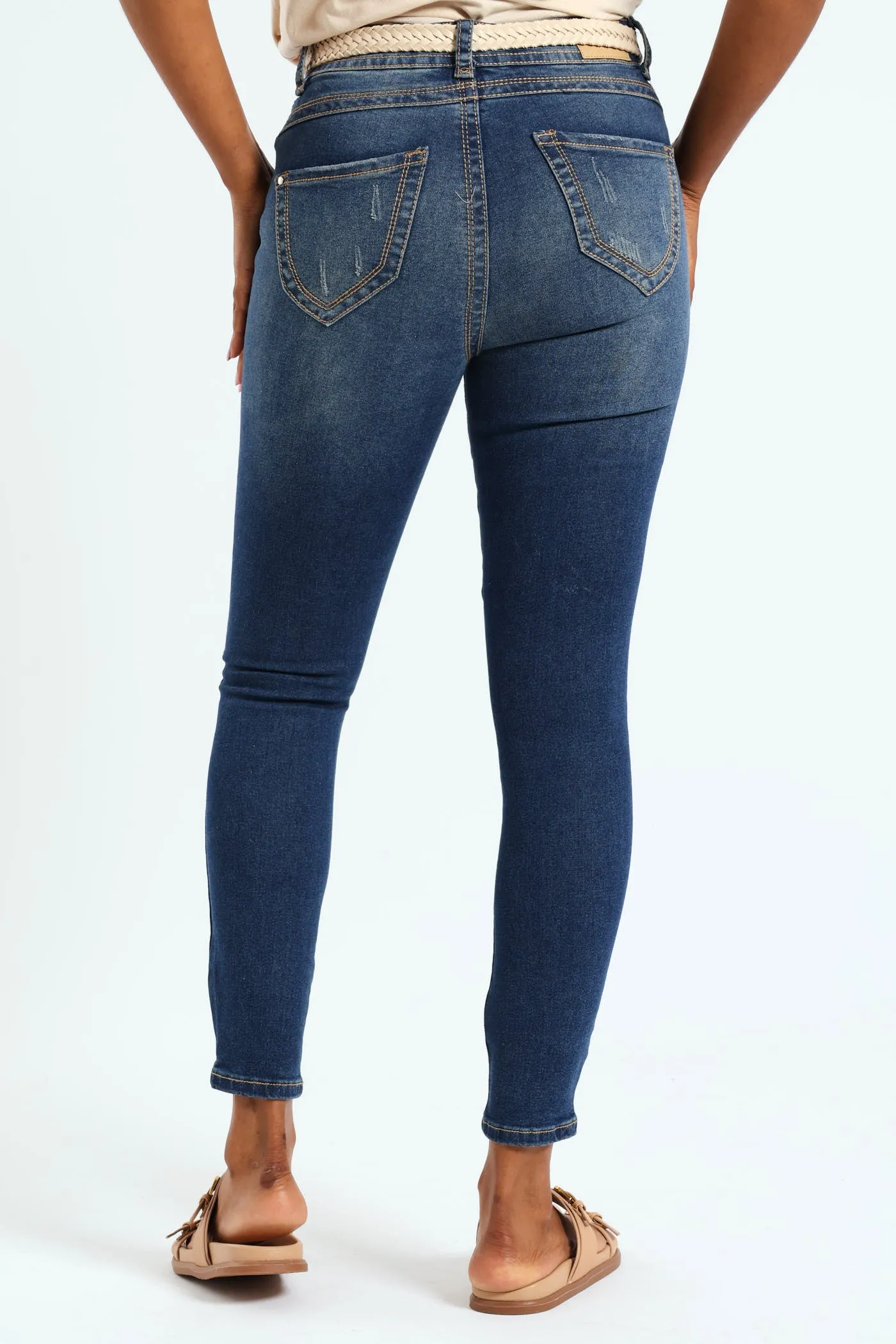 Thick Stitch Rip & Repair Belted Skinny Jean - Dark Wash Ink