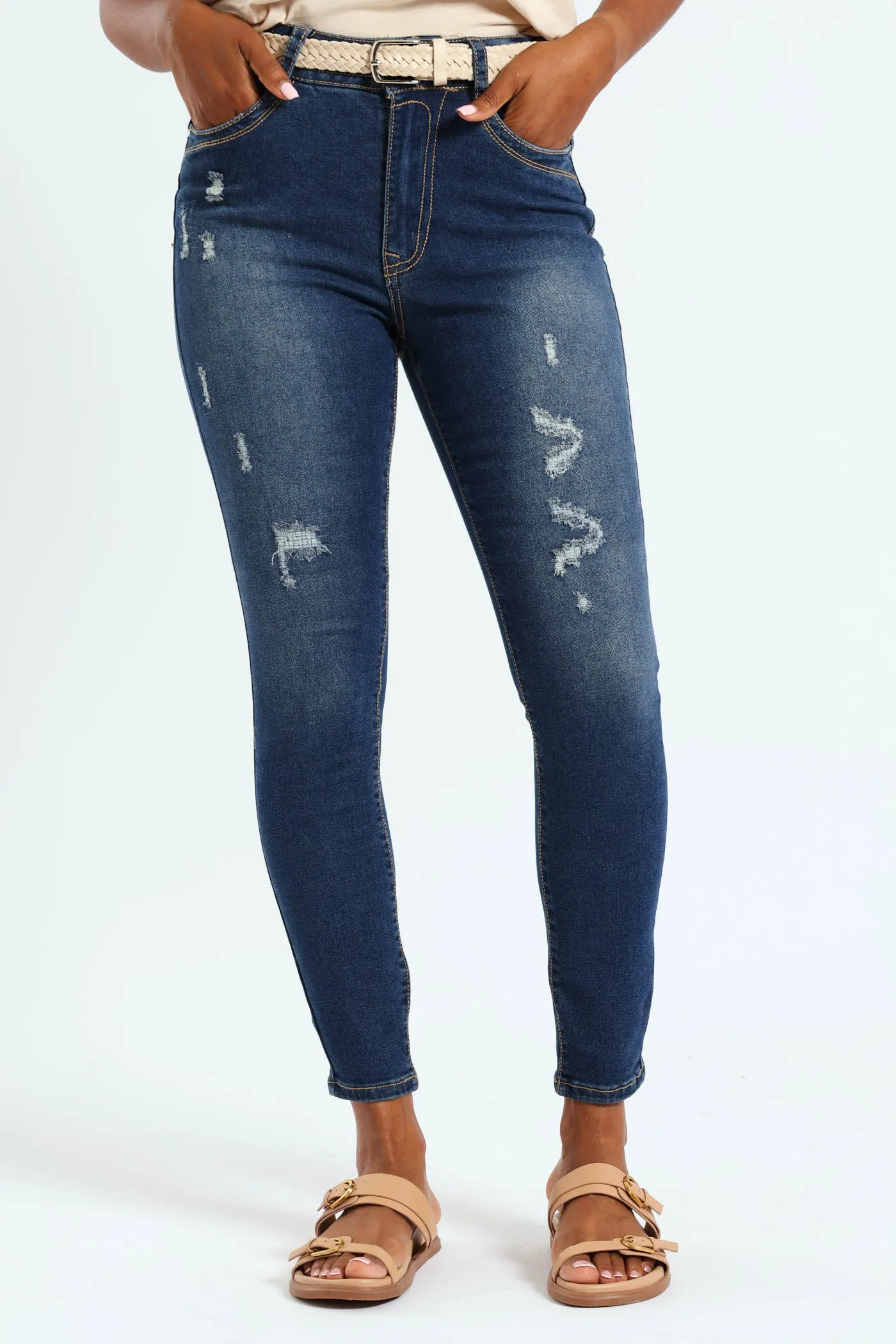 Thick Stitch Rip & Repair Belted Skinny Jean - Dark Wash Ink