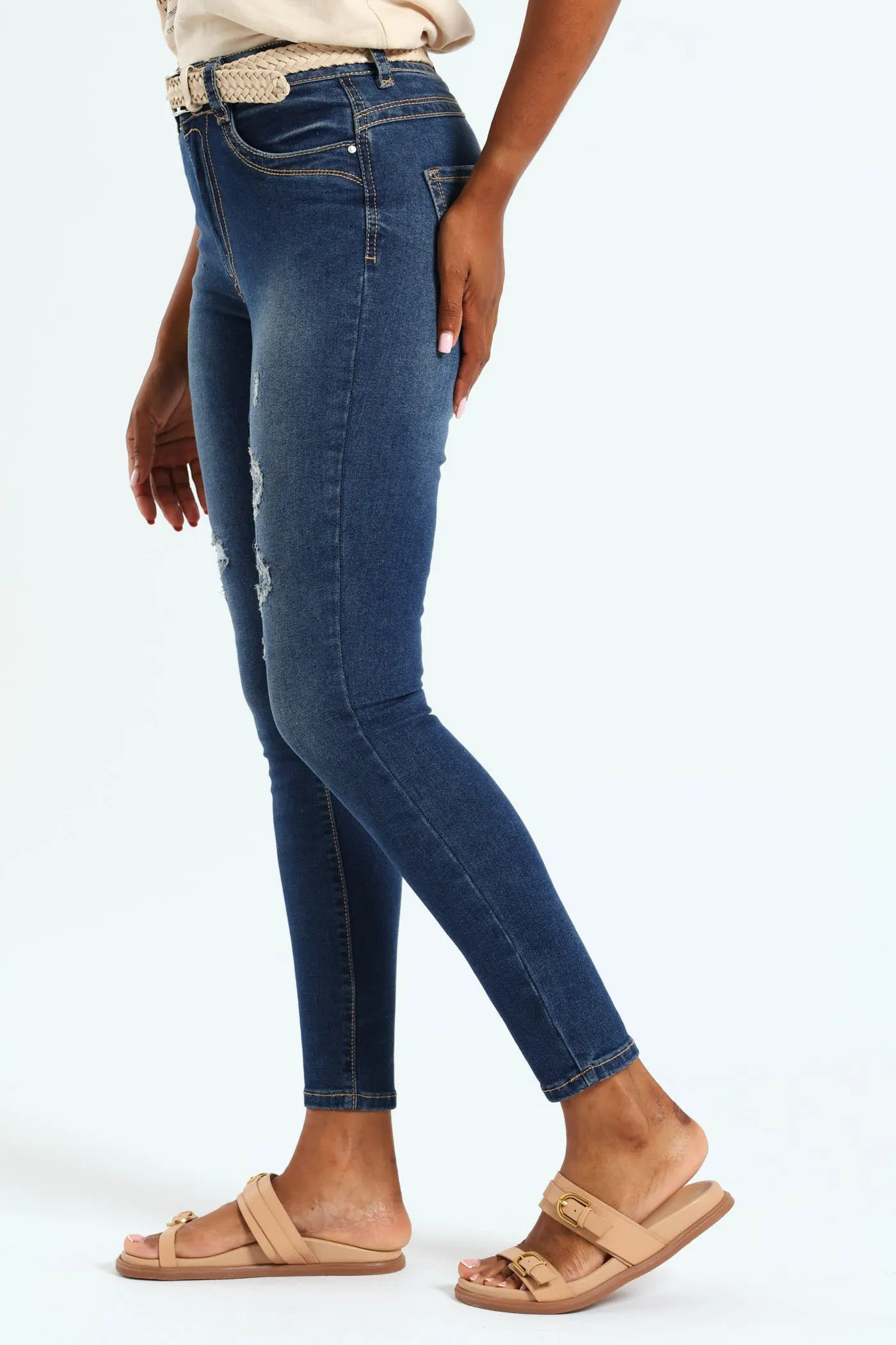 Thick Stitch Rip & Repair Belted Skinny Jean - Dark Wash Ink
