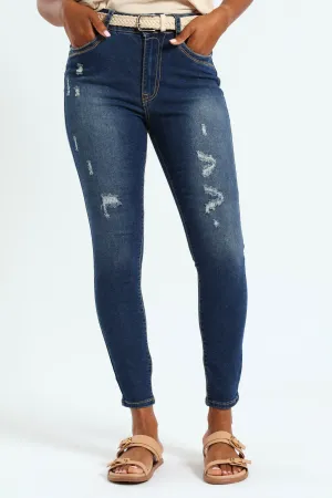 Thick Stitch Rip & Repair Belted Skinny Jean - Dark Wash Ink