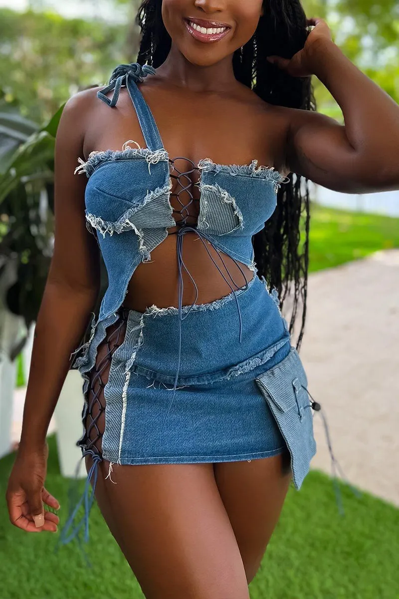 UK687 Denim Drawstring Wrap Top &Mini Skirt Set