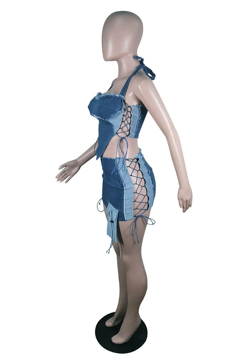 UK687 Denim Drawstring Wrap Top &Mini Skirt Set