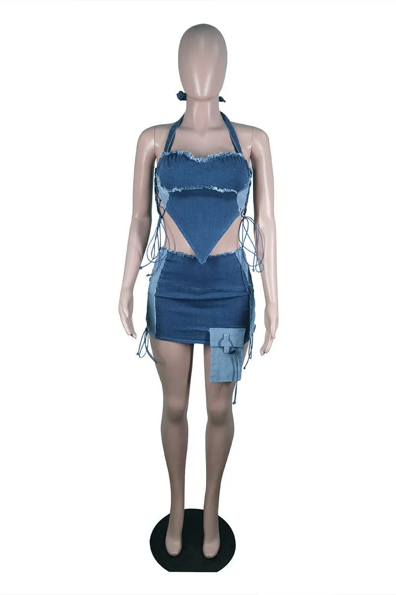UK687 Denim Drawstring Wrap Top &Mini Skirt Set