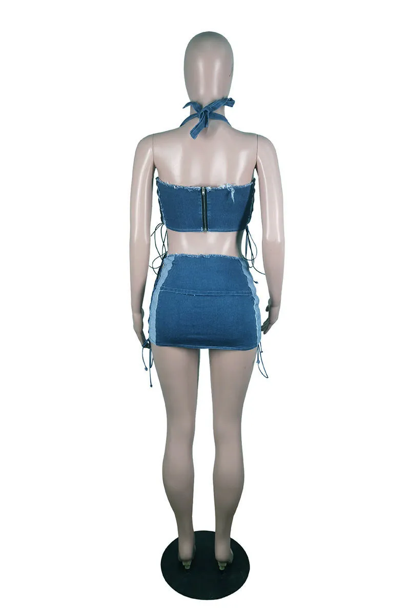 UK687 Denim Drawstring Wrap Top &Mini Skirt Set