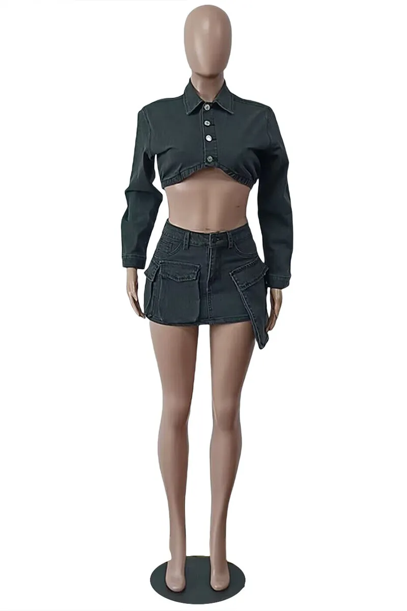 US3497 Denim Jacket and Skirt Set