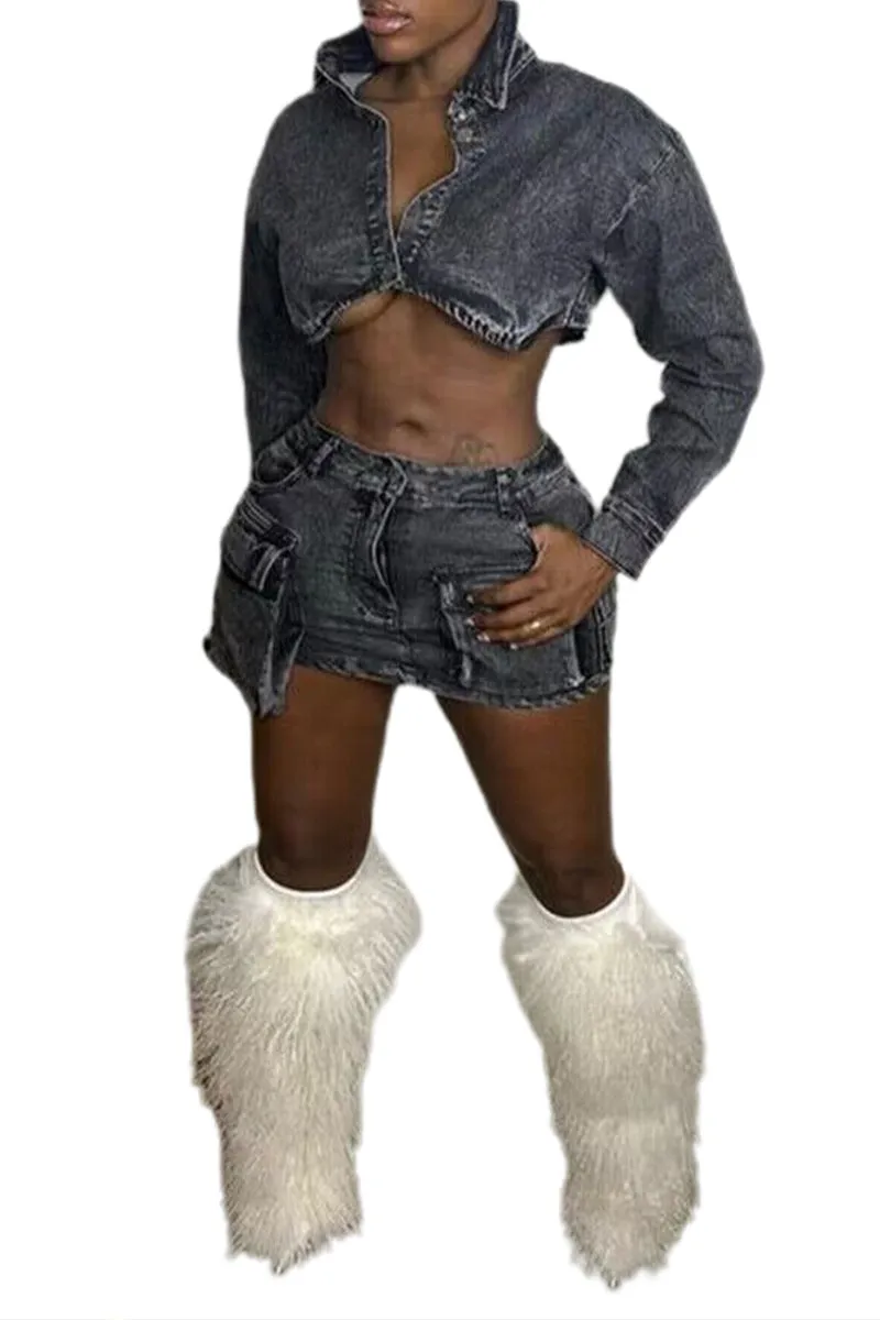 US3497 Denim Jacket and Skirt Set