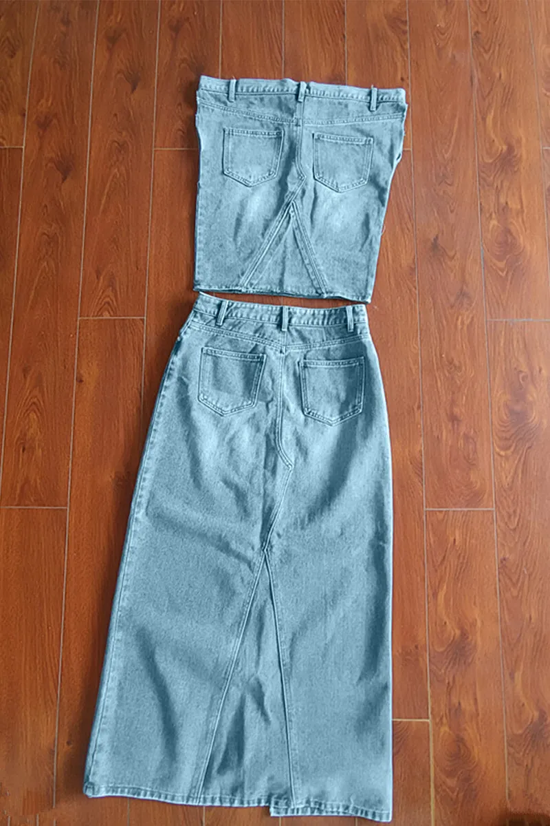 US3498 Denim Shirt and Skirt Set