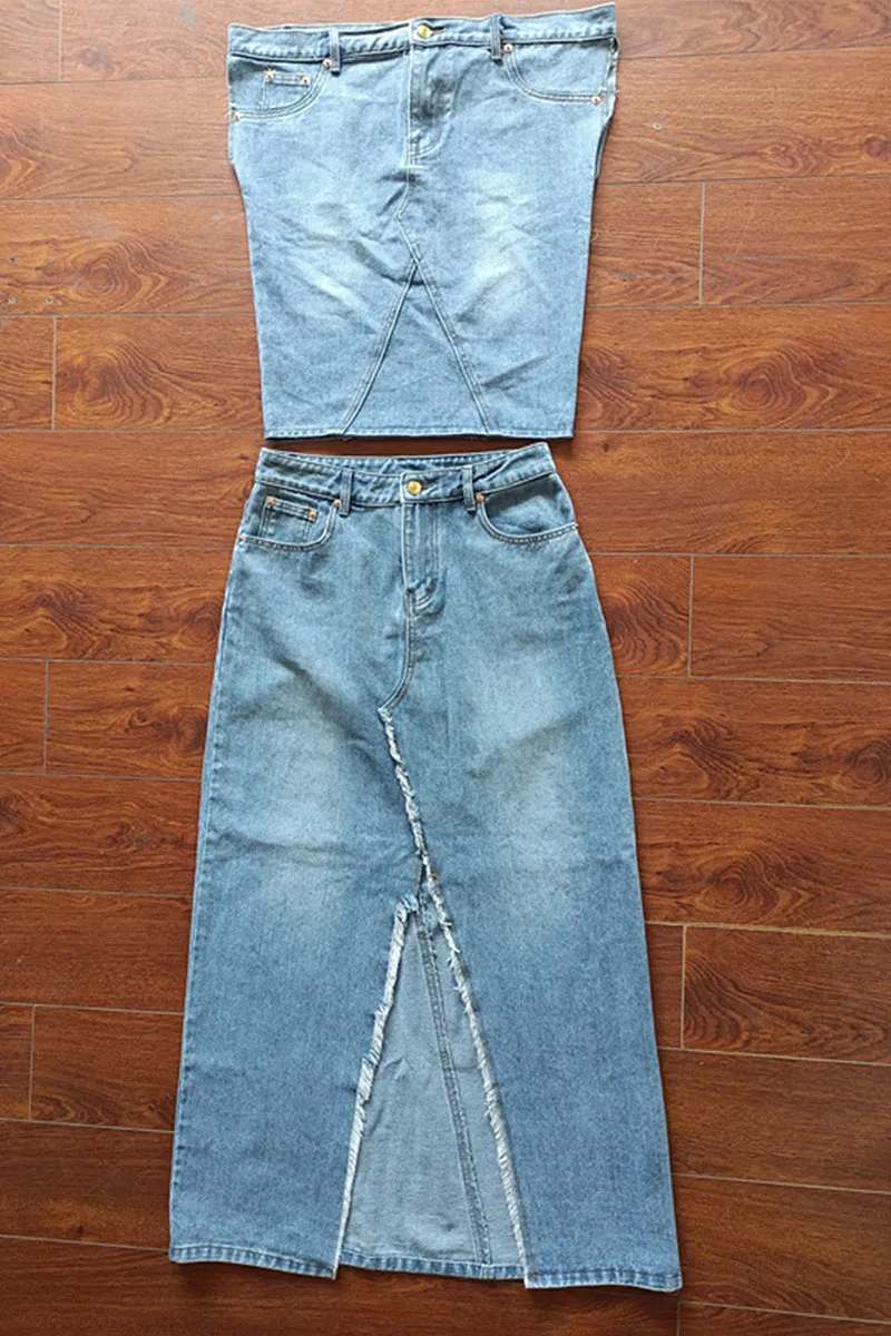 US3498 Denim Shirt and Skirt Set