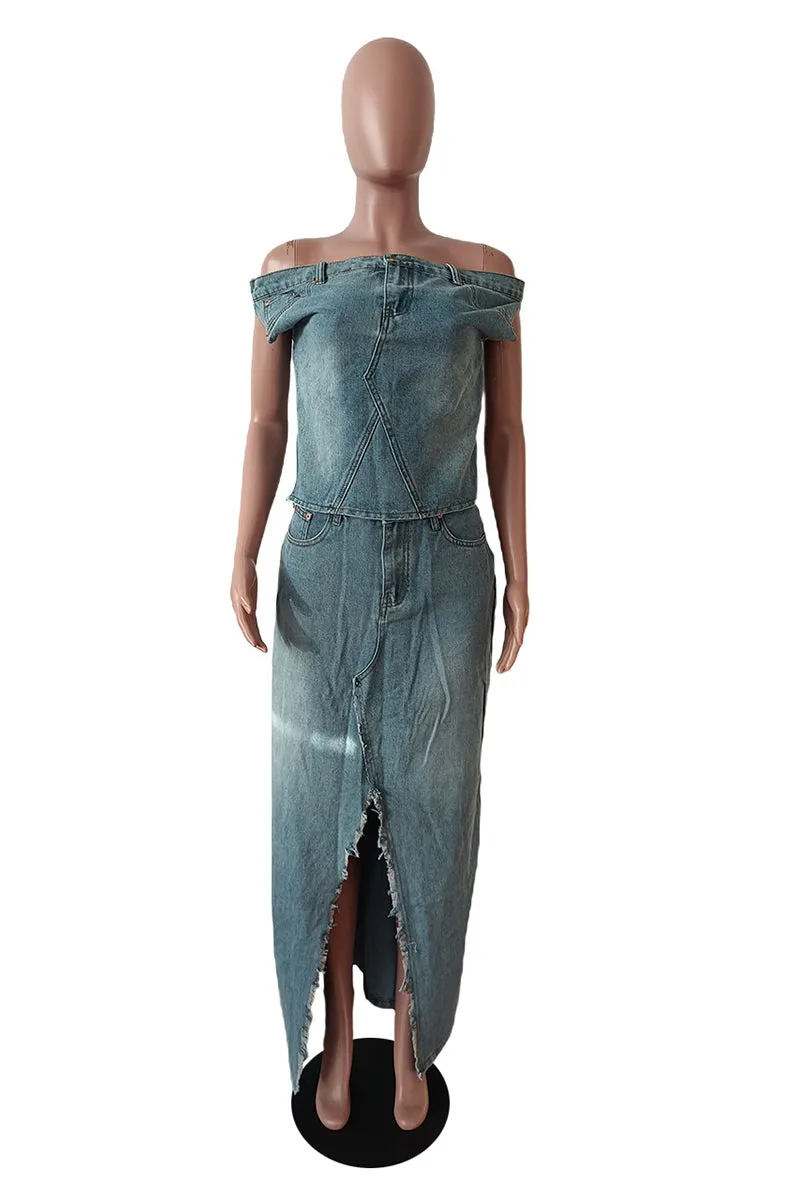 US3498 Denim Shirt and Skirt Set