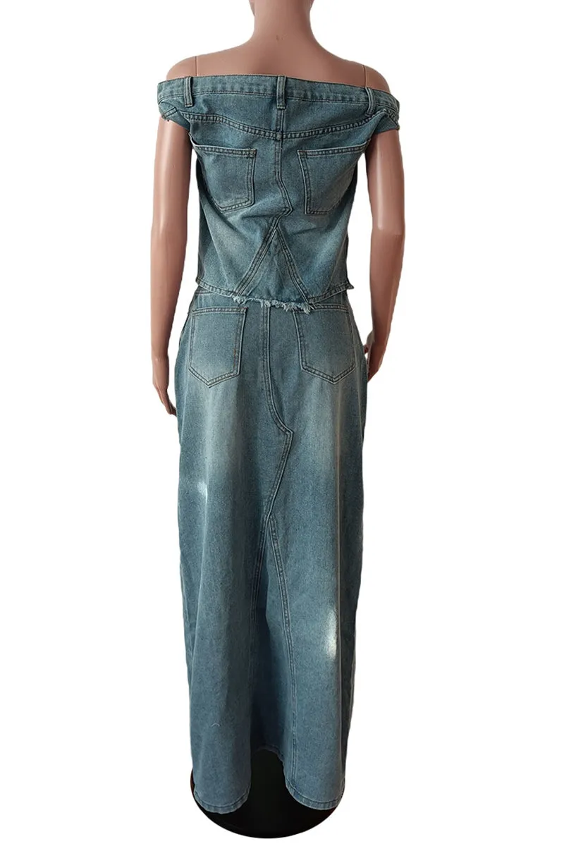 US3498 Denim Shirt and Skirt Set