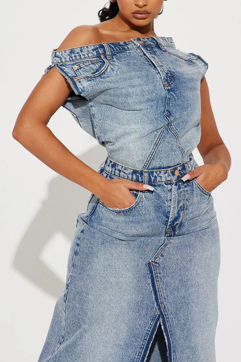 US3498 Denim Shirt and Skirt Set