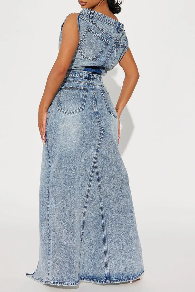 US3498 Denim Shirt and Skirt Set