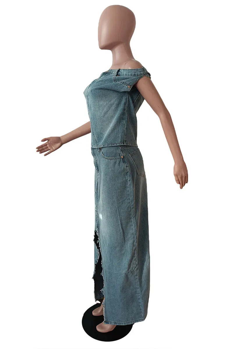US3498 Denim Shirt and Skirt Set